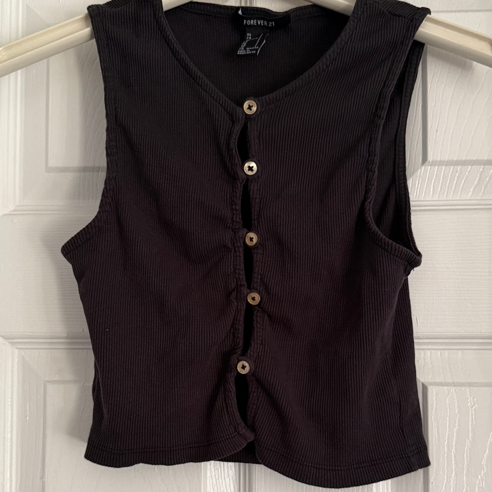 Forever 21 Black Ribbed Button-Front Cropped Tank